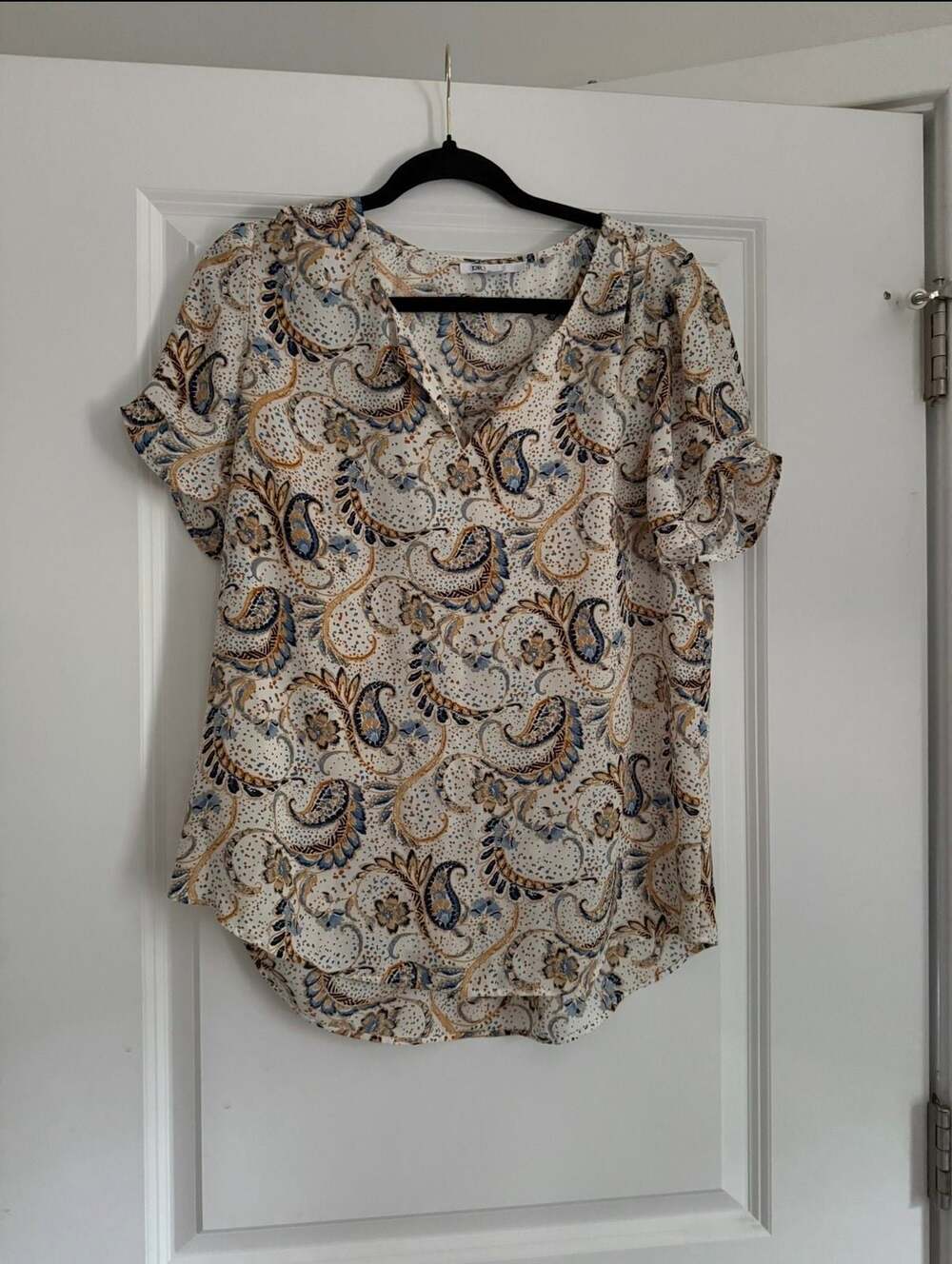 DR2 by Daniel Rainn Short Sleeve Paisley Print V-Neck Blouse